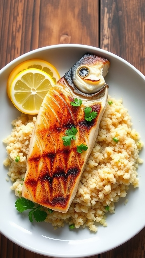 Pan-seared sea bass fillet on lemon butter quinoa, garnished with parsley and lemon slice, on a rustic table.